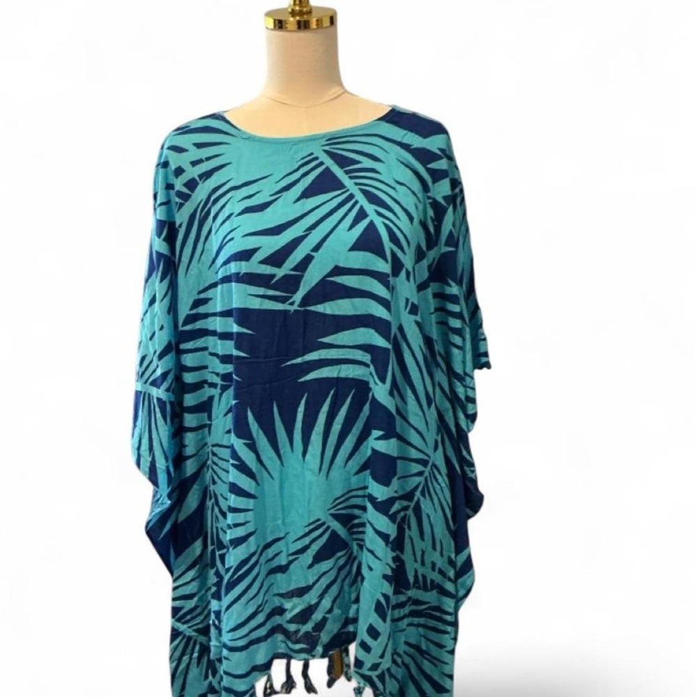 Unbranded Kaftan Top Womens‎ L Blue Turquoise Like New Tropical Palm Tassels